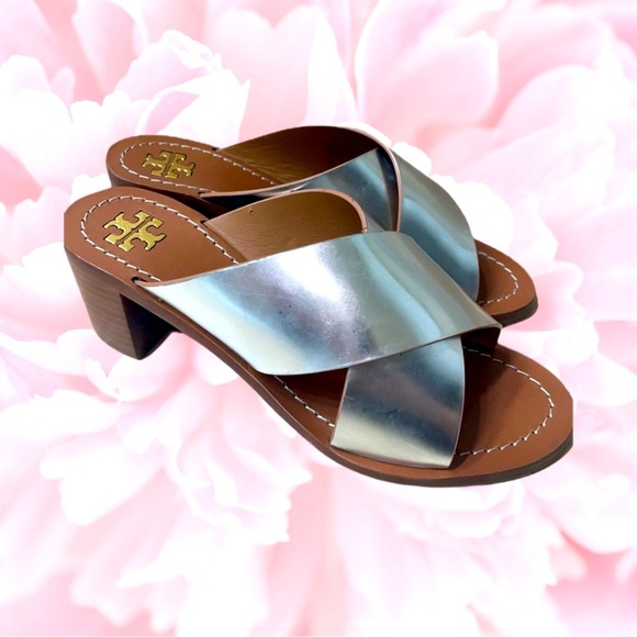 Tory Burch Montrose Stacked Block Heel in Silver, Size 6.5M - Picture 1 of 13
